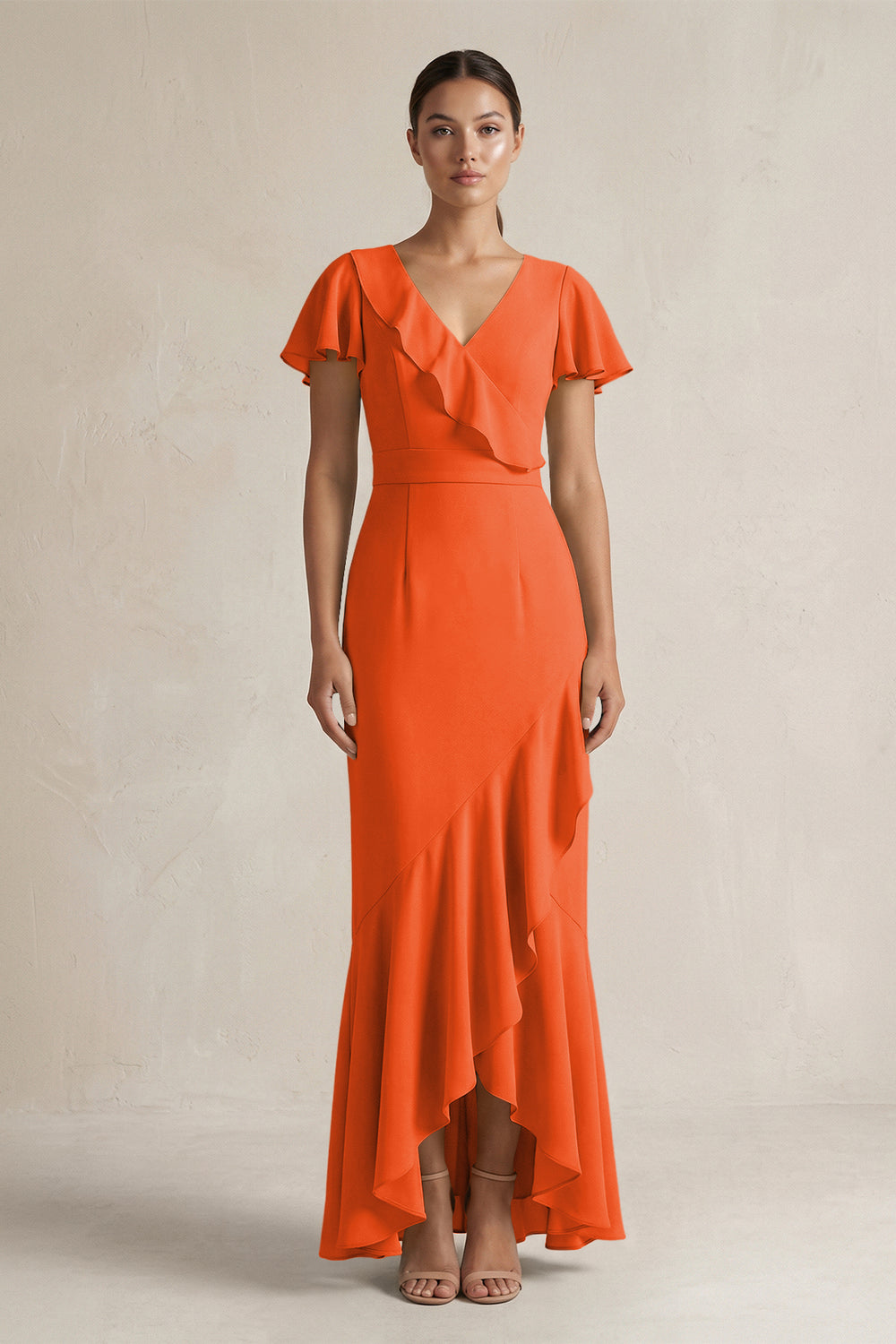 Rufffled V-Neck Sheath Chiffon Bridesmaid Dress in Cinnamon