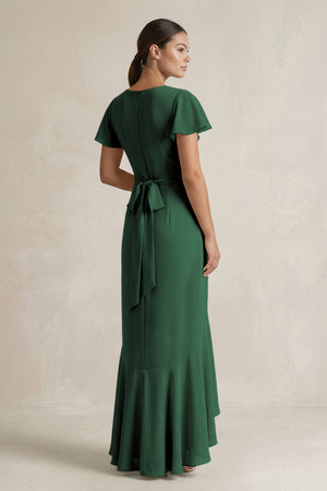Rufffled V-Neck Sheath Chiffon Bridesmaid Dress in Dark Green (2) | KISSBRIDAL