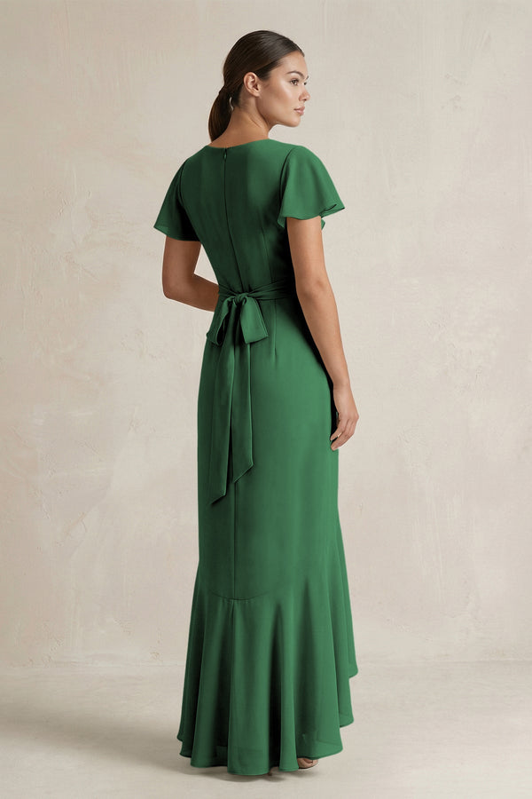 Rufffled V - Neck Sheath Chiffon Bridesmaid Dress in Dark Green - SHE IS ME Bridesmaid Dresses