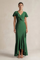 Rufffled V - Neck Sheath Chiffon Bridesmaid Dress in Dark Green - SHE IS ME Bridesmaid Dresses