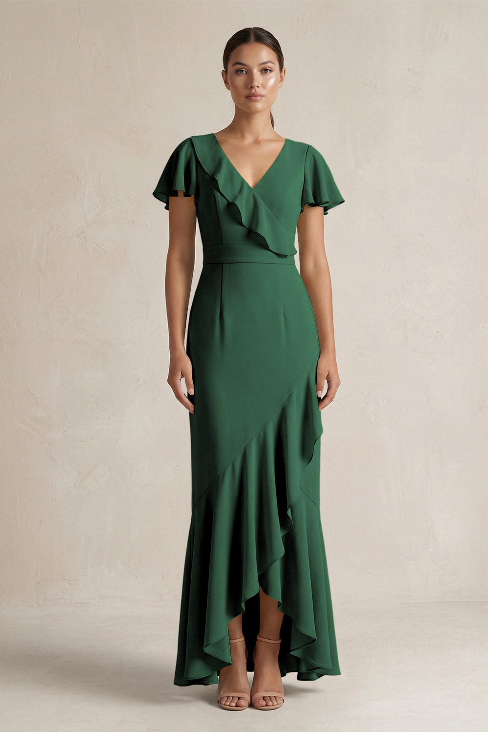 Rufffled V-Neck Sheath Chiffon Bridesmaid Dress in Dark Green