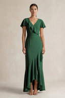 Rufffled V-Neck Sheath Chiffon Bridesmaid Dress in Dark Green | KISSBRIDAL