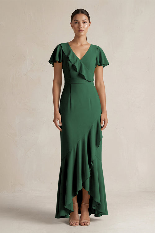 Rufffled V-Neck Sheath Chiffon Bridesmaid Dress in Dark Green | KISSBRIDAL