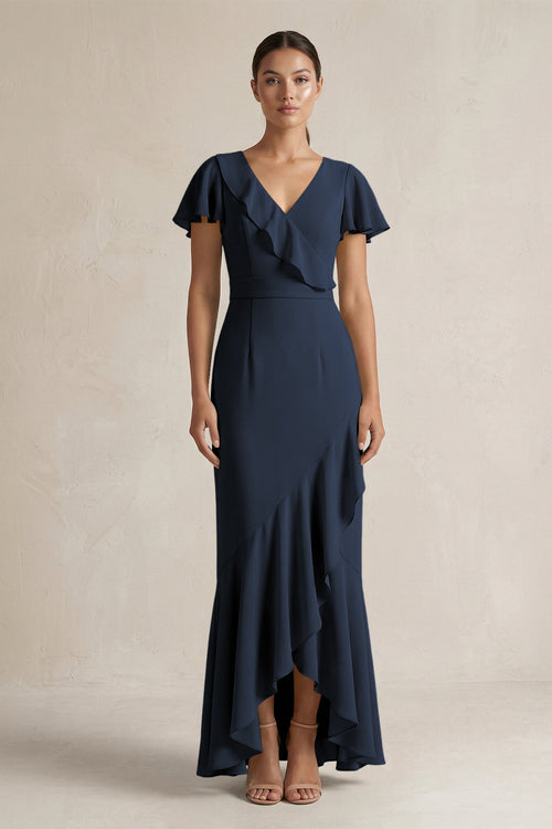 Rufffled V - Neck Sheath Chiffon Bridesmaid Dress in Dark Navy - SHE IS ME Bridesmaid Dresses