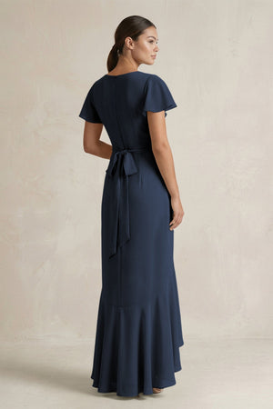 Rufffled V - Neck Sheath Chiffon Bridesmaid Dress in Dark Navy - SHE IS ME Bridesmaid Dresses