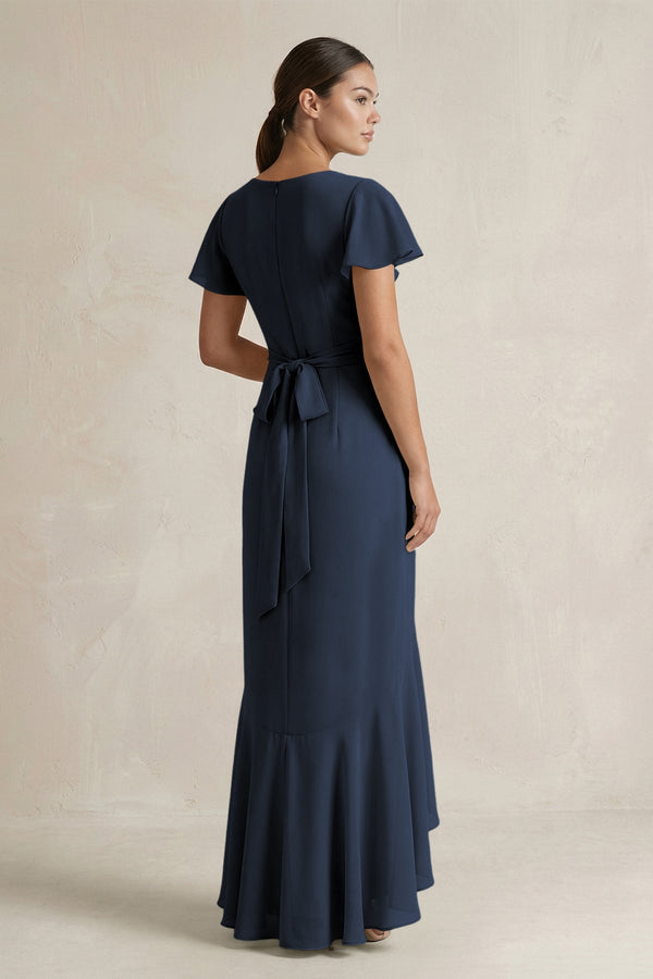 Rufffled V - Neck Sheath Chiffon Bridesmaid Dress in Dark Navy - SHE IS ME Bridesmaid Dresses