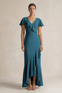 Rufffled V - Neck Sheath Chiffon Bridesmaid Dress in Dark Teal - SHE IS ME Bridesmaid Dresses