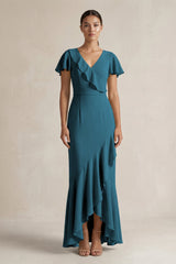 Rufffled V - Neck Sheath Chiffon Bridesmaid Dress in Dark Teal - KISS BRIDAL Bridesmaid Dresses