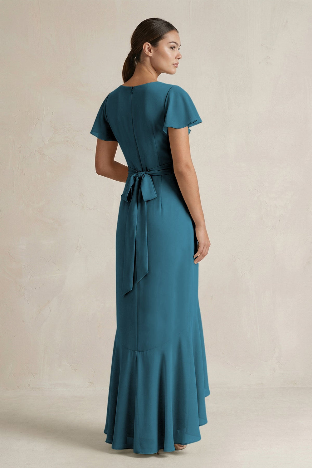 Rufffled V - Neck Sheath Chiffon Bridesmaid Dress in Dark Teal - KISS BRIDAL Bridesmaid Dresses