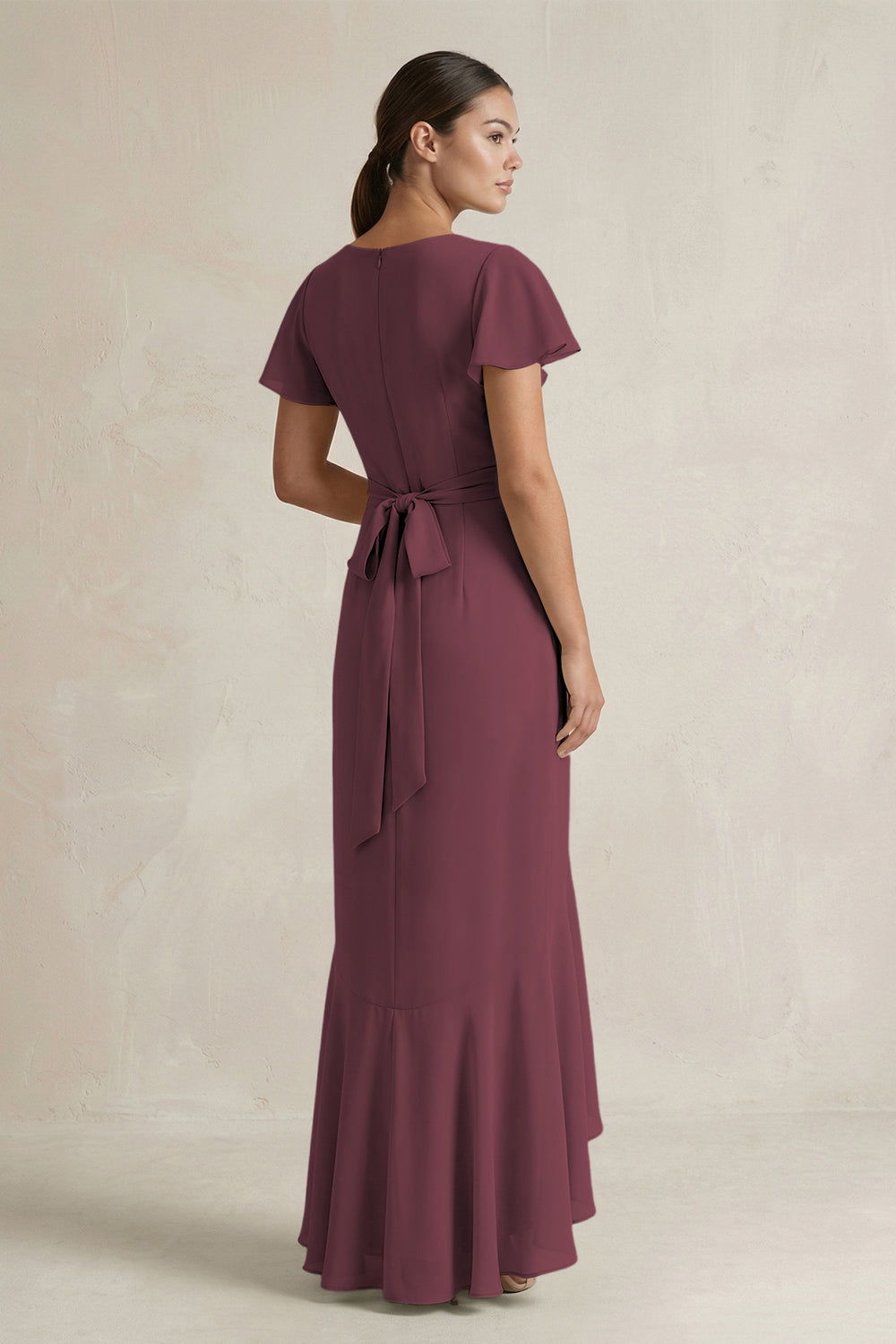 Rufffled V-Neck Sheath Chiffon Bridesmaid Dress in Desert Rose