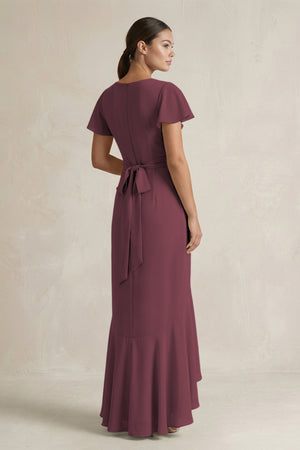 Rufffled V-Neck Sheath Chiffon Bridesmaid Dress in Desert Rose (2) | KISSBRIDAL