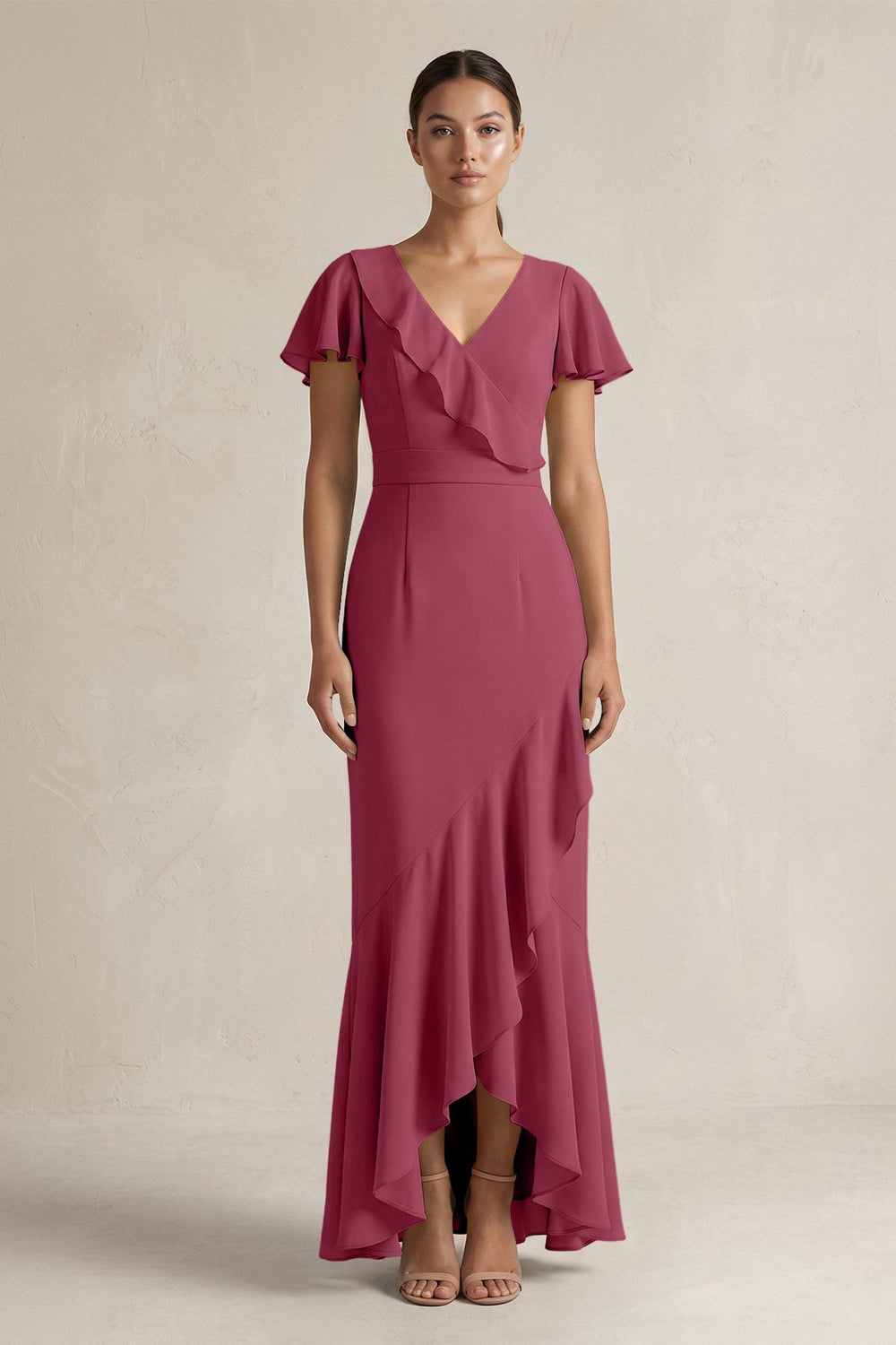 Rufffled V - Neck Sheath Chiffon Bridesmaid Dress in Desert Rose - KISS BRIDAL Bridesmaid Dresses