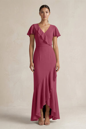 Rufffled V - Neck Sheath Chiffon Bridesmaid Dress in Desert Rose - SHE IS ME Bridesmaid Dresses