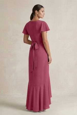Rufffled V - Neck Sheath Chiffon Bridesmaid Dress in Desert Rose - SHE IS ME Bridesmaid Dresses