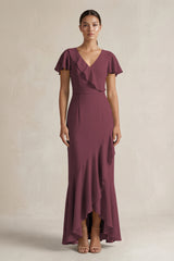 Rufffled V-Neck Sheath Chiffon Bridesmaid Dress in Desert Rose | KISSBRIDAL