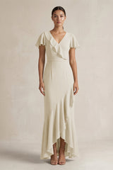 Rufffled V - Neck Sheath Chiffon Bridesmaid Dress in Dove Gray - KISS BRIDAL Bridesmaid Dresses