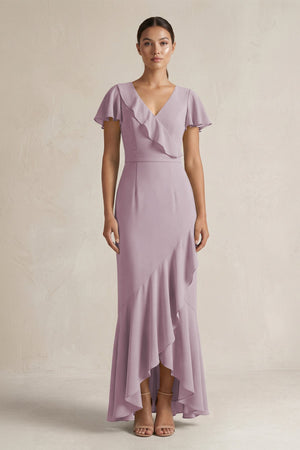 Rufffled V - Neck Sheath Chiffon Bridesmaid Dress in Dusk - SHE IS ME Bridesmaid Dresses