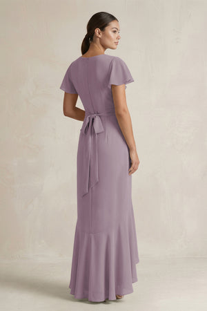 Rufffled V-Neck Sheath Chiffon Bridesmaid Dress in Dusk (2) | KISSBRIDAL