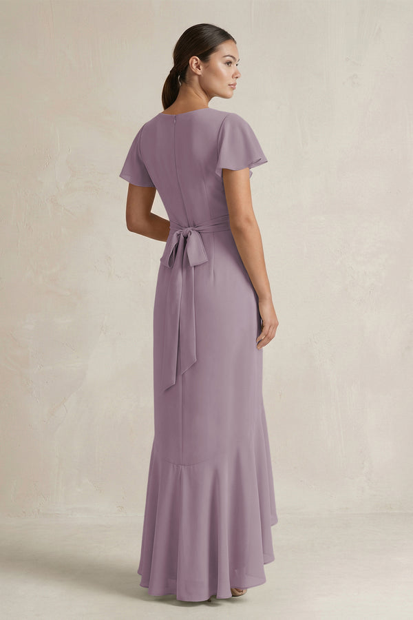 Rufffled V-Neck Sheath Chiffon Bridesmaid Dress in Dusk (2) | KISSBRIDAL