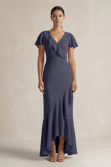 Rufffled V - Neck Sheath Chiffon Bridesmaid Dress in Dusk Blue - KISS BRIDAL Bridesmaid Dresses