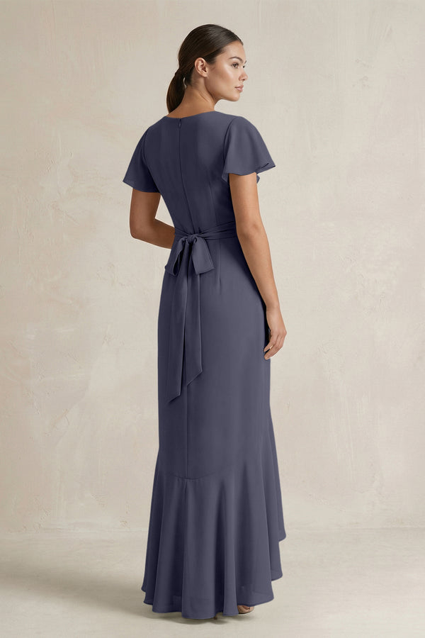 Rufffled V - Neck Sheath Chiffon Bridesmaid Dress in Dusk Blue - SHE IS ME Bridesmaid Dresses