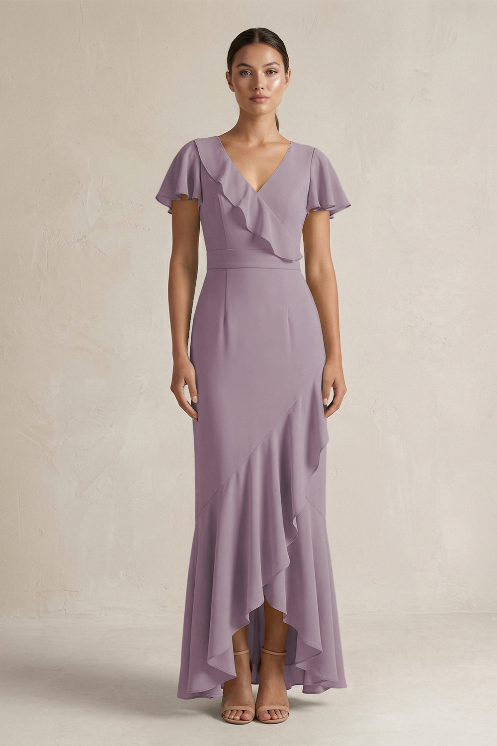 Rufffled V-Neck Sheath Chiffon Bridesmaid Dress in Dusk