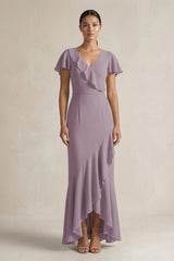 Rufffled V-Neck Sheath Chiffon Bridesmaid Dress in Dusk | KISSBRIDAL