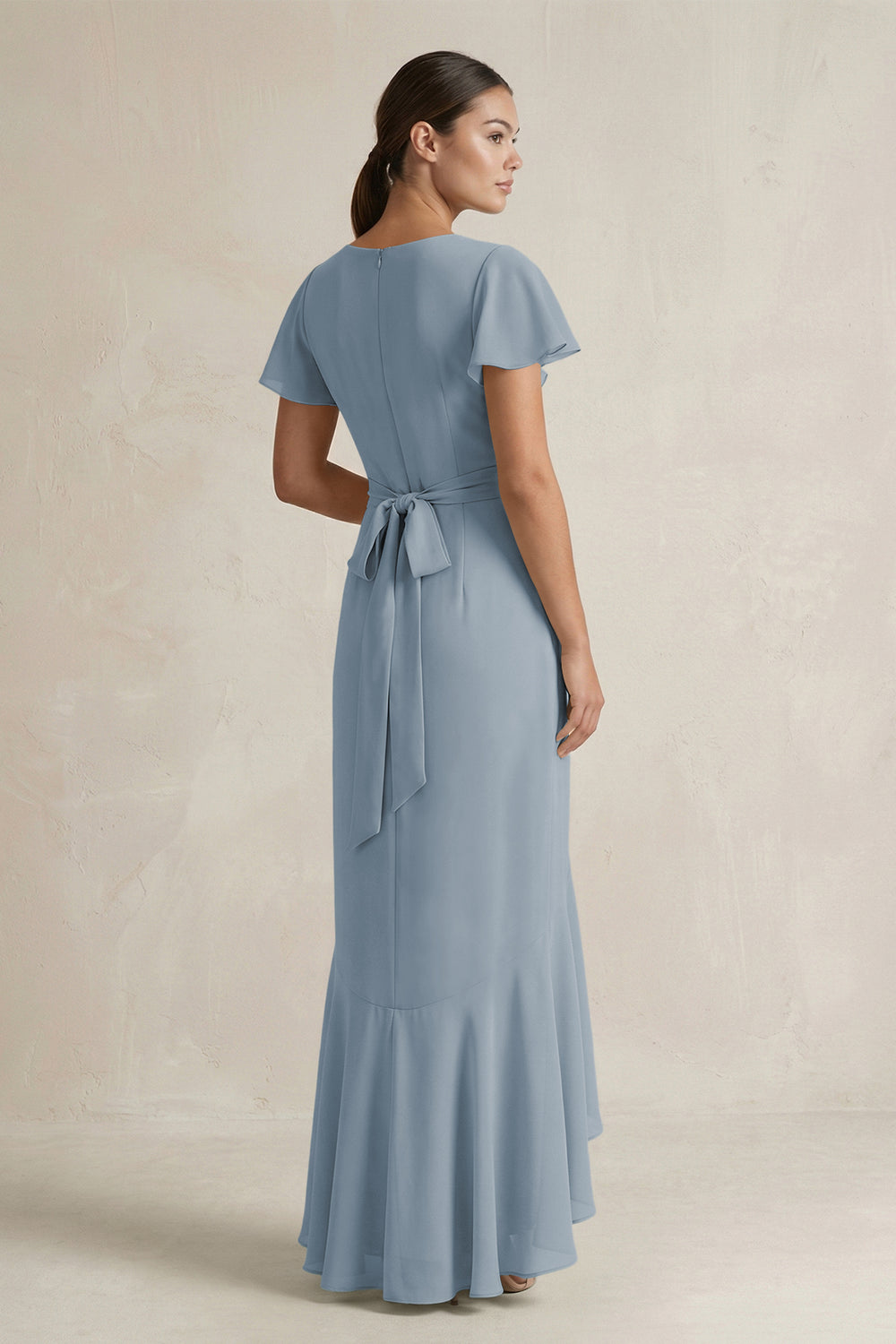Rufffled V-Neck Sheath Chiffon Bridesmaid Dress in Dusty Blue