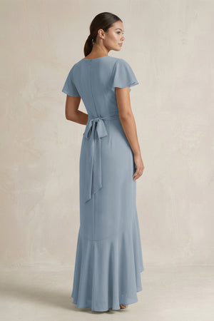Rufffled V-Neck Sheath Chiffon Bridesmaid Dress in Dusty Blue (2) | KISSBRIDAL