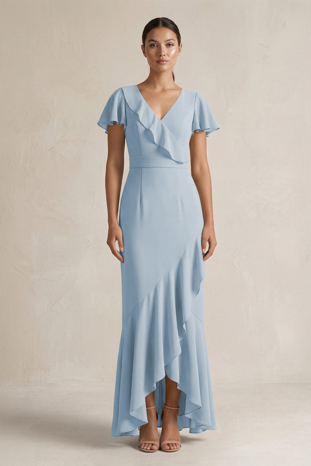 Rufffled V - Neck Sheath Chiffon Bridesmaid Dress in Dusty Blue - KISS BRIDAL Bridesmaid Dresses