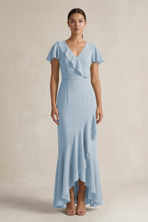 Rufffled V - Neck Sheath Chiffon Bridesmaid Dress in Dusty Blue - SHE IS ME Bridesmaid Dresses