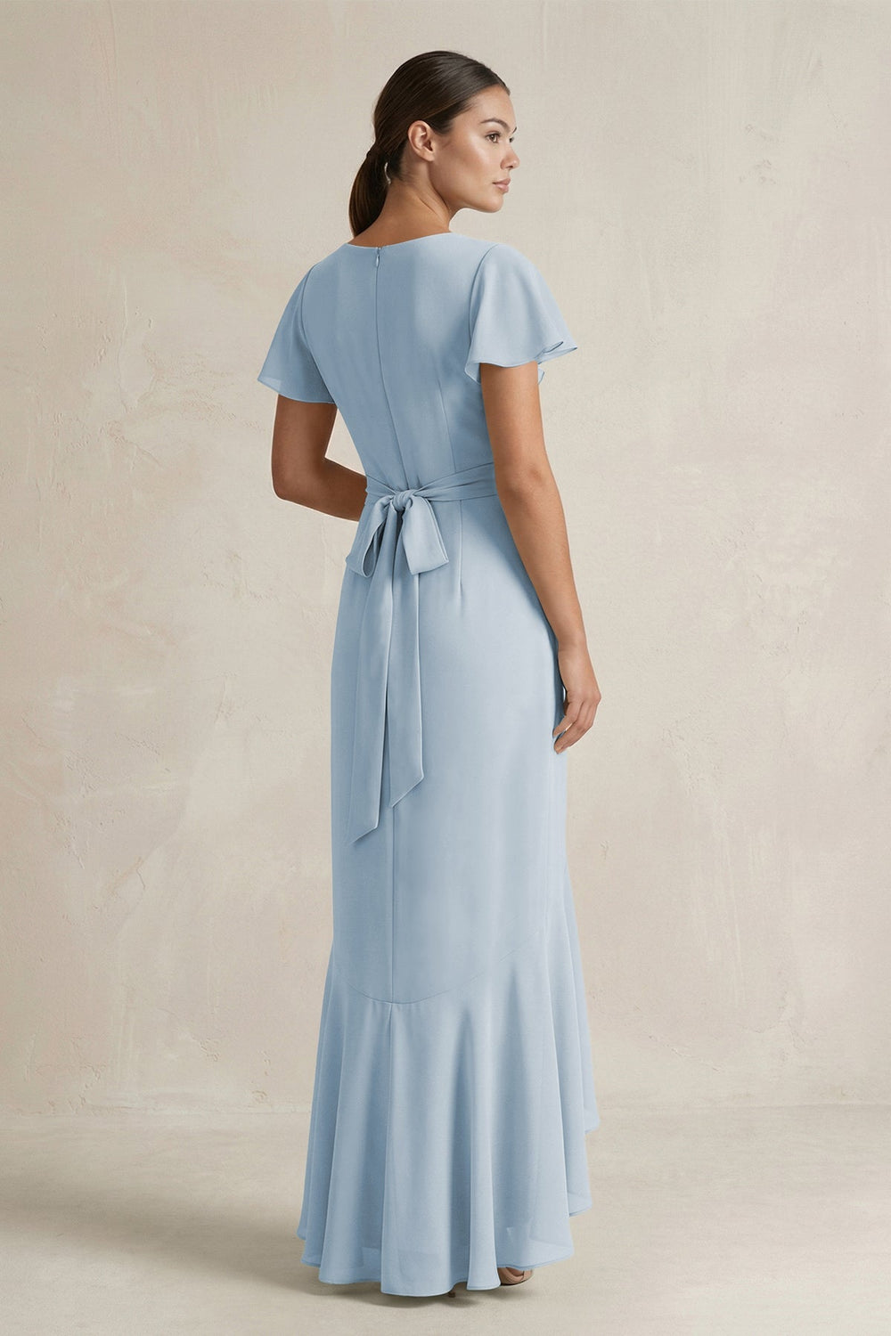 Rufffled V - Neck Sheath Chiffon Bridesmaid Dress in Dusty Blue - KISS BRIDAL Bridesmaid Dresses