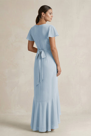 Rufffled V - Neck Sheath Chiffon Bridesmaid Dress in Dusty Blue - SHE IS ME Bridesmaid Dresses