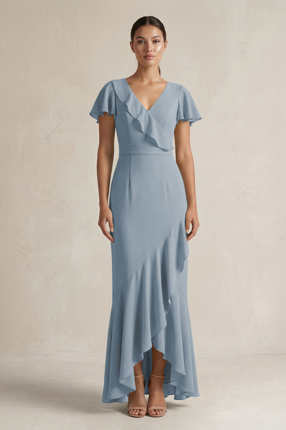 Rufffled V-Neck Sheath Chiffon Bridesmaid Dress in Dusty Blue