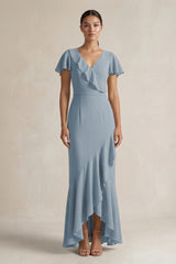 Rufffled V-Neck Sheath Chiffon Bridesmaid Dress in Dusty Blue | KISSBRIDAL