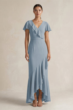 Rufffled V-Neck Sheath Chiffon Bridesmaid Dress in Dusty Blue | KISSBRIDAL