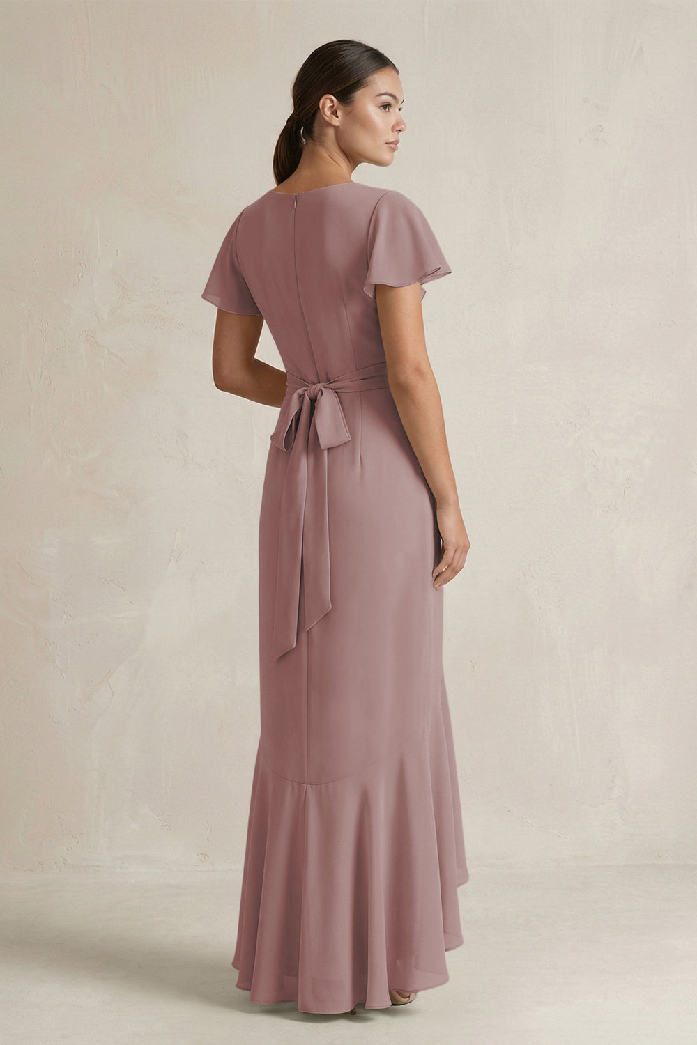 Rufffled V-Neck Sheath Chiffon Bridesmaid Dress in Dusty Rose