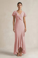 Rufffled V - Neck Sheath Chiffon Bridesmaid Dress in Dusty Rose - SHE IS ME Bridesmaid Dresses