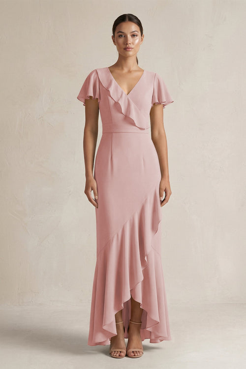 Rufffled V - Neck Sheath Chiffon Bridesmaid Dress in Dusty Rose - SHE IS ME Bridesmaid Dresses