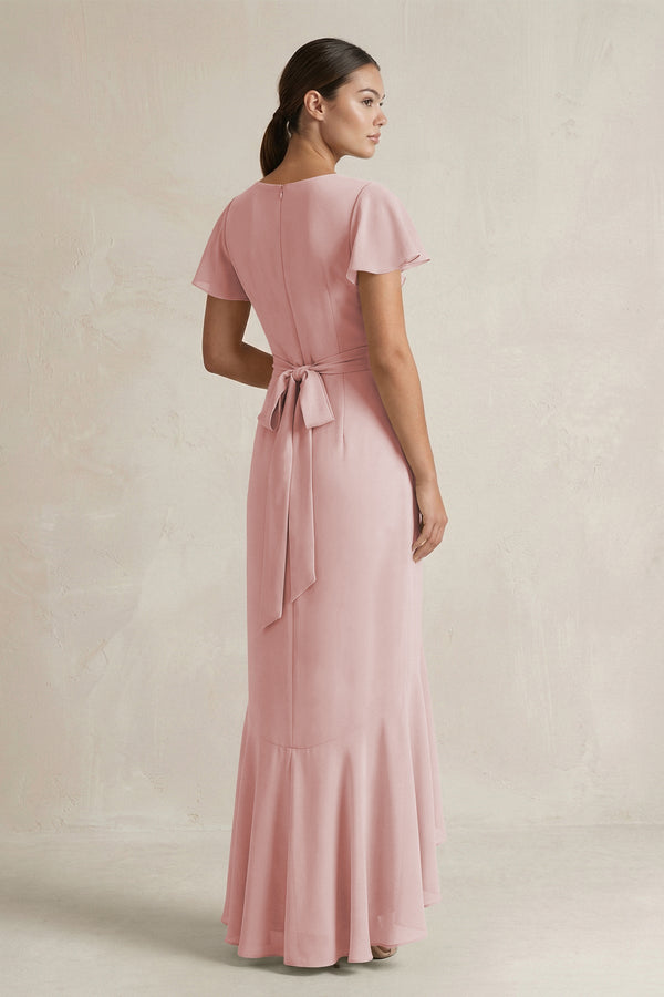 Rufffled V - Neck Sheath Chiffon Bridesmaid Dress in Dusty Rose - SHE IS ME Bridesmaid Dresses
