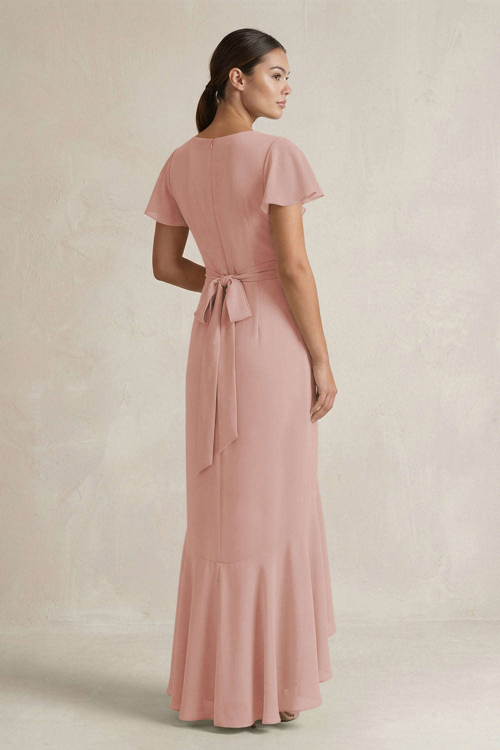 Rufffled V-Neck Sheath Chiffon Bridesmaid Dress in English Rose