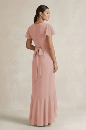 Rufffled V-Neck Sheath Chiffon Bridesmaid Dress in English Rose (2) | KISSBRIDAL