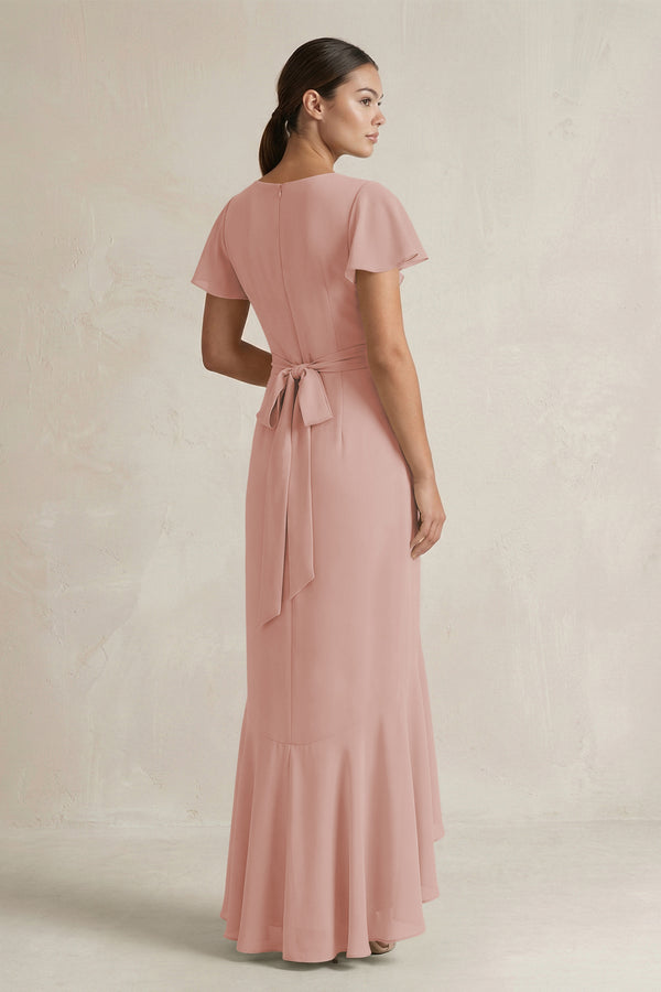 Rufffled V-Neck Sheath Chiffon Bridesmaid Dress in English Rose (2) | KISSBRIDAL