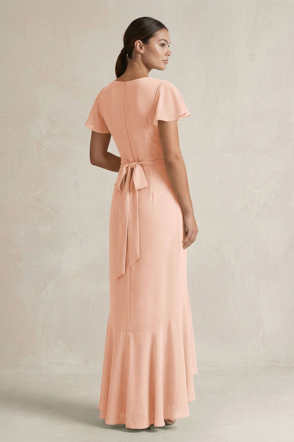 Rufffled V - Neck Sheath Chiffon Bridesmaid Dress in English Rose - KISS BRIDAL Bridesmaid Dresses