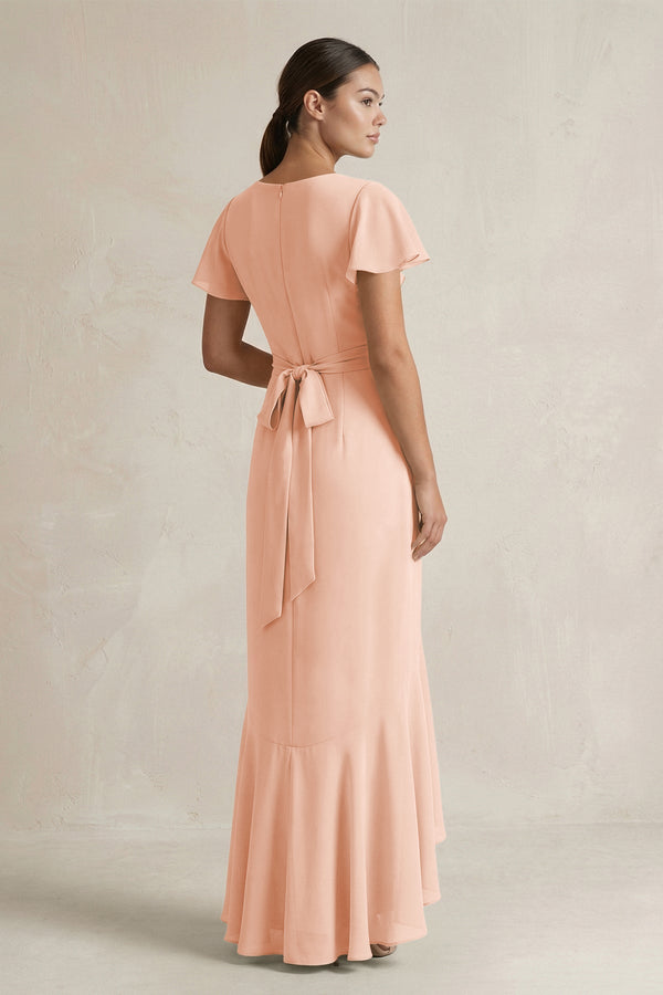 Rufffled V - Neck Sheath Chiffon Bridesmaid Dress in English Rose - SHE IS ME Bridesmaid Dresses