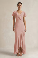 Rufffled V-Neck Sheath Chiffon Bridesmaid Dress in English Rose | KISSBRIDAL