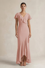 Rufffled V-Neck Sheath Chiffon Bridesmaid Dress in English Rose | KISSBRIDAL