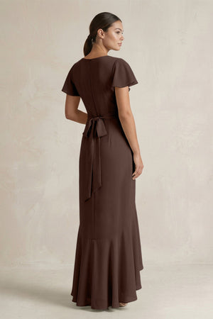 Rufffled V - Neck Sheath Chiffon Bridesmaid Dress in Espresso - SHE IS ME Bridesmaid Dresses