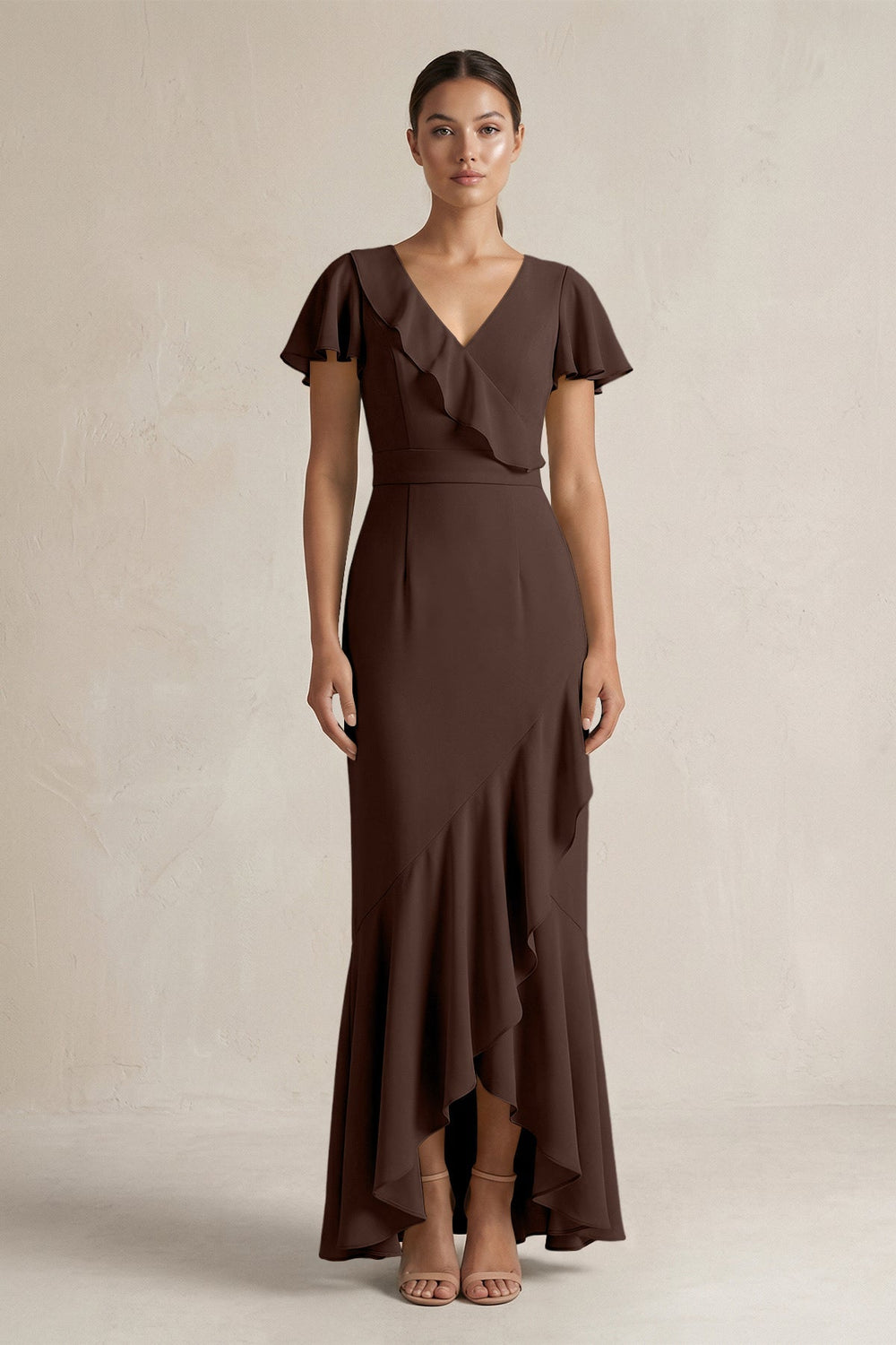 Rufffled V - Neck Sheath Chiffon Bridesmaid Dress in Espresso - KISS BRIDAL Bridesmaid Dresses