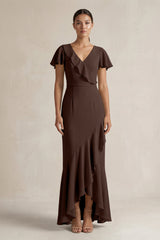 Rufffled V - Neck Sheath Chiffon Bridesmaid Dress in Espresso - KISS BRIDAL Bridesmaid Dresses
